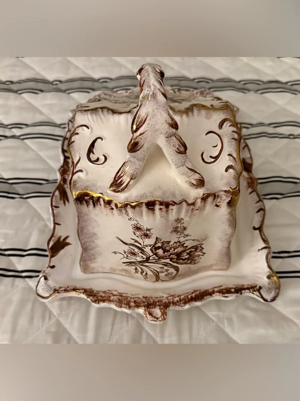 Victoria Ware Ironstone Burgundy, Gold, White Cheese Bread Serving Dish Vintage